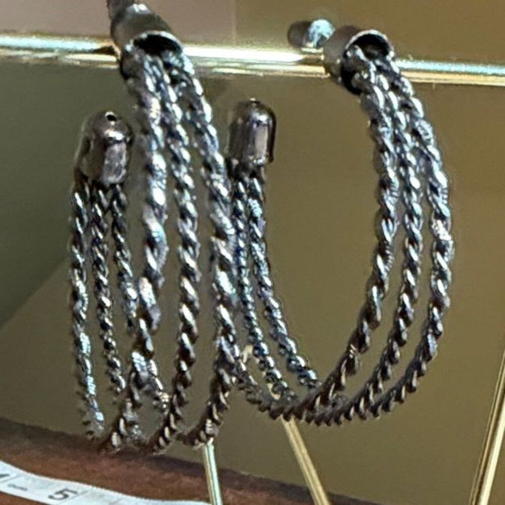 Vintage Braided Silver Tone Hoop Earrings Twisted Textured Retro